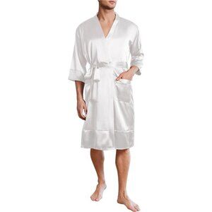 Men’s White Lightweight Silky Satin Robe Kimono Bathrobe 3/4 Sleeve with Pockets